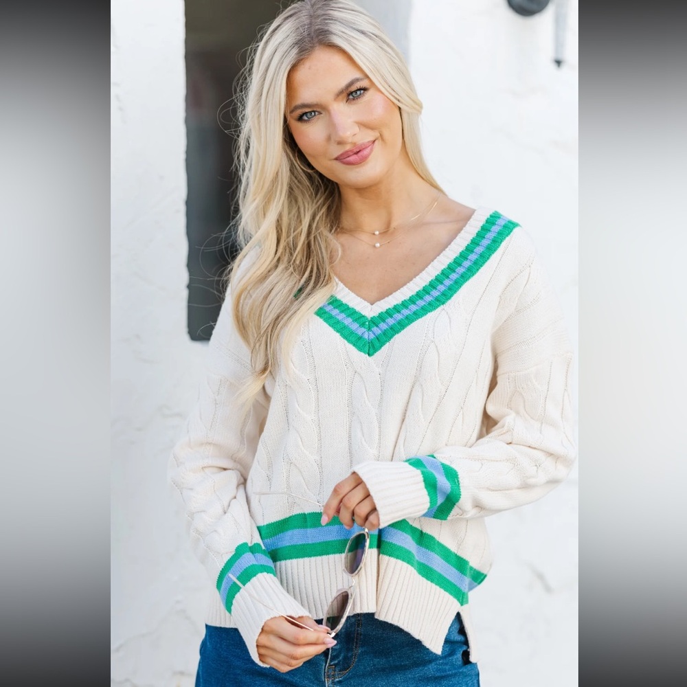 Entro VNeck Cable Knit Sweater Cream w Green & Blue Stripes Medium‎ Cott Acryl